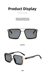 Detail of retro rectangle sunglasses featuring black and gold double-bridge metal frame