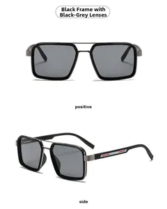Front and side views of black metal sunglasses featuring red and white stripe temple detail