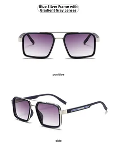 Detail view of narrow rectangular sunglasses with blue and silver frame and gradient lenses