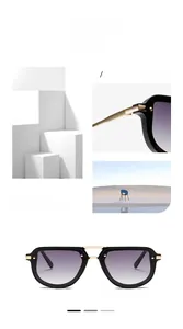 Detail of retro pilot sunglasses showing gold metal bridge and purple gradient lenses
