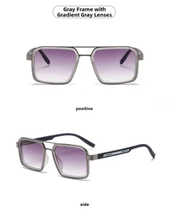 Detail of gunmetal pilot sunglasses with gradient grey lenses and metallic side design