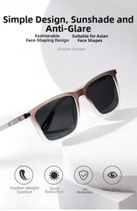 Detail of square gradient brown sunglasses featuring polarized lenses and UV protection