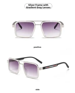 Front and side view of silver square metal sunglasses with gradient purple grey lenses