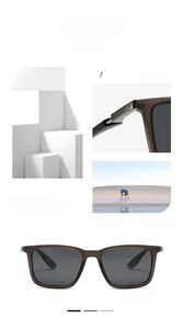 Detailed view of matte brown square sunglasses with metal hinges and dark grey lenses