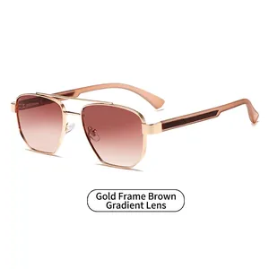 Modern gold metal frame aviator sunglasses with gradient tea lenses at a 45-degree angle
