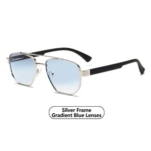 Modern narrow silver metal frame aviator sunglasses with gradient blue lenses on white backdrop