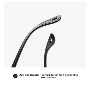 Close-up of ergonomic black non-slip temple tips for square sunglasses with matte finish