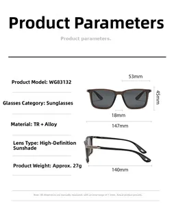 Detailed size specifications of square TR alloy sunglasses with dimension labels