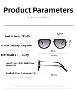 Detailed size chart and specifications for retro square frame sunglasses with TR alloy frame