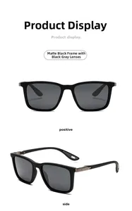 Detailed front and side views of matte black square sunglasses with silver metal accents