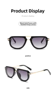 Close-up of black gold metal aviator sunglasses with gradient gray lenses from two angles