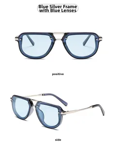 Front and side views of trendy slim pilot sunglasses with blue lenses and silver metal frames