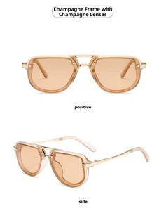 Modern champagne frame aviator sunglasses with gold metal accents shown from two angles