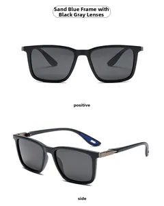 Detailed front and side views of matte blue square sunglasses with dark grey lenses