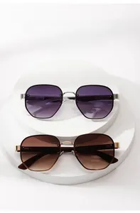 Detailed view of fashionable narrow frame sunglasses with purple and brown gradient lenses