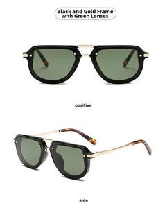 Detailed front and side views of black and gold narrow frame sunglasses with green lenses