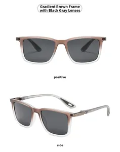 Detail view of square sunglasses with dual-tone brown gradient frame and cut-out temples