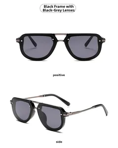 Front and side views of black gunmetal aviator sunglasses with dark grey polarized lenses