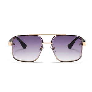 Retro rectangle sunglasses with purple gradient lenses and gold double-bridge metal frame