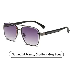 Modern gunmetal pilot sunglasses with gradient purple to grey lenses on white background