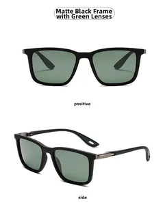 Front and side views of matte black square sunglasses with dark green lenses
