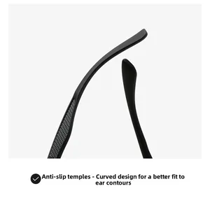 Detailed macro view of the ergonomic curved matte black temple with anti-slip grid texture