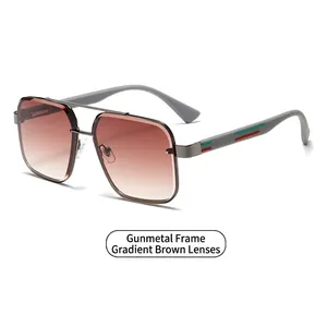 Modern gunmetal narrow frame sunglasses with tea gradient lenses and striped temples