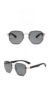 Retro small frame hexagonal sunglasses in black with front and side views