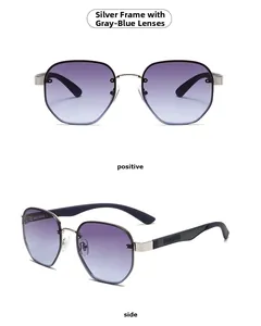Detailed view of silver metal frame sunglasses with gray-blue gradient lenses and black temples