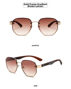 Detailed front and side views of gold frame sunglasses with brown gradient lenses