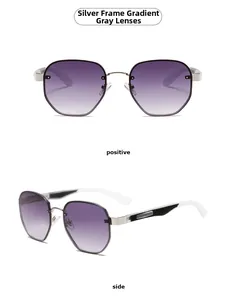 Silver frame sunglasses with gradient grey lenses in front and side view angles