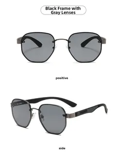 Detail view of narrow gunmetal frame sunglasses with non-slip textured temple tips