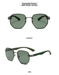 Detail view of gunmetal frame sunglasses with green lenses and textured side temples