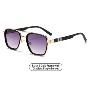 Retro pilot sunglasses with gold frame, gradient purple lenses and striped temples