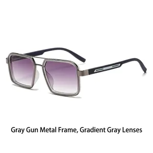 Modern narrow rectangular sunglasses with gunmetal frame and gradient purple lenses