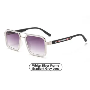 Silver metal square sunglasses with white inner frame and grey gradient lenses