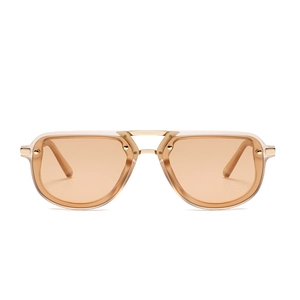 Modern narrow aviator sunglasses with transparent brown frames and gold metal double bridge