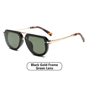 Retro small frame sunglasses with black and gold metal frames and green lenses