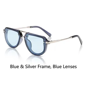 Modern narrow frame sunglasses with blue silver frame and blue lenses in a 45-degree view