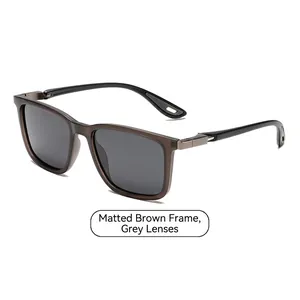 Fashion rectangular sunglasses with matte tea frames and dark grey polarized lenses
