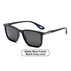 Fashionable matte blue rectangular sunglasses with black grey lenses and metal hinges