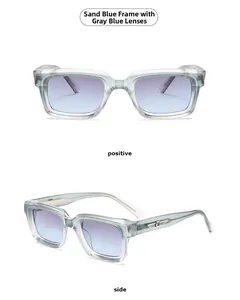 Front- und Seitenansicht der quadratischen Sonnenbrille in Mattblau mit Verlaufsgläsern