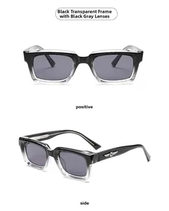 Detailansicht der quadratischen Brille mit Farbverlauf von Schwarz zu Transparent und Logo
