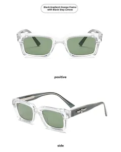 Detail einer transparenten quadratischen Sonnenbrille mit Metallflügeln an den Bügeln