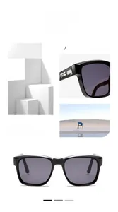 Detail view of black square sunglasses with silver arrow metal accents on the temple