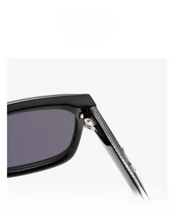 Detailed close-up of durable metal hinge on black square sunglasses frame