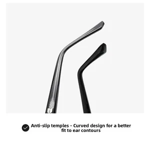 Detail of ergonomic curved anti-slip temples with silver arrow metal decor on black sunglasses