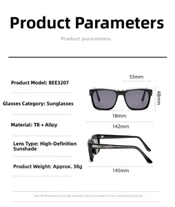 Detailed size specifications for square black sunglasses with metal temples and TR frame