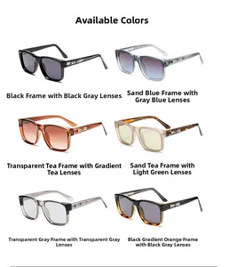 Detail showing six assorted colors of square frame sunglasses with silver arrow accents