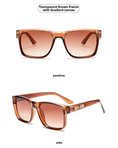 Detail view of square transparent tea sunglasses with gradient lenses and gold accents